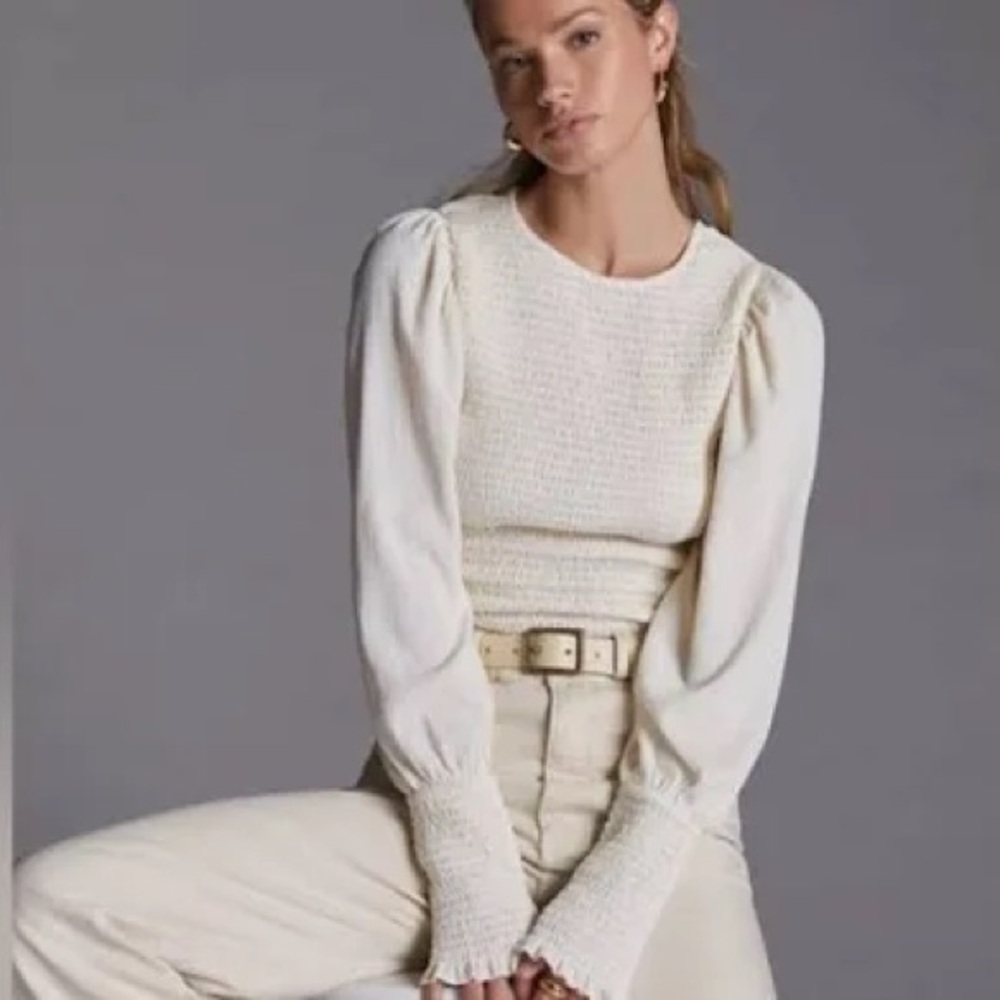Anthropologie Smock Puff-sleeved Cream Top